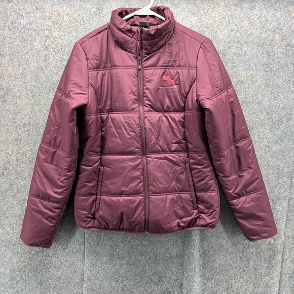Puma Jacket Women Small Burgundy Full Zip Puffer Essentials Padded Parka Winter - Picture 1 of 13